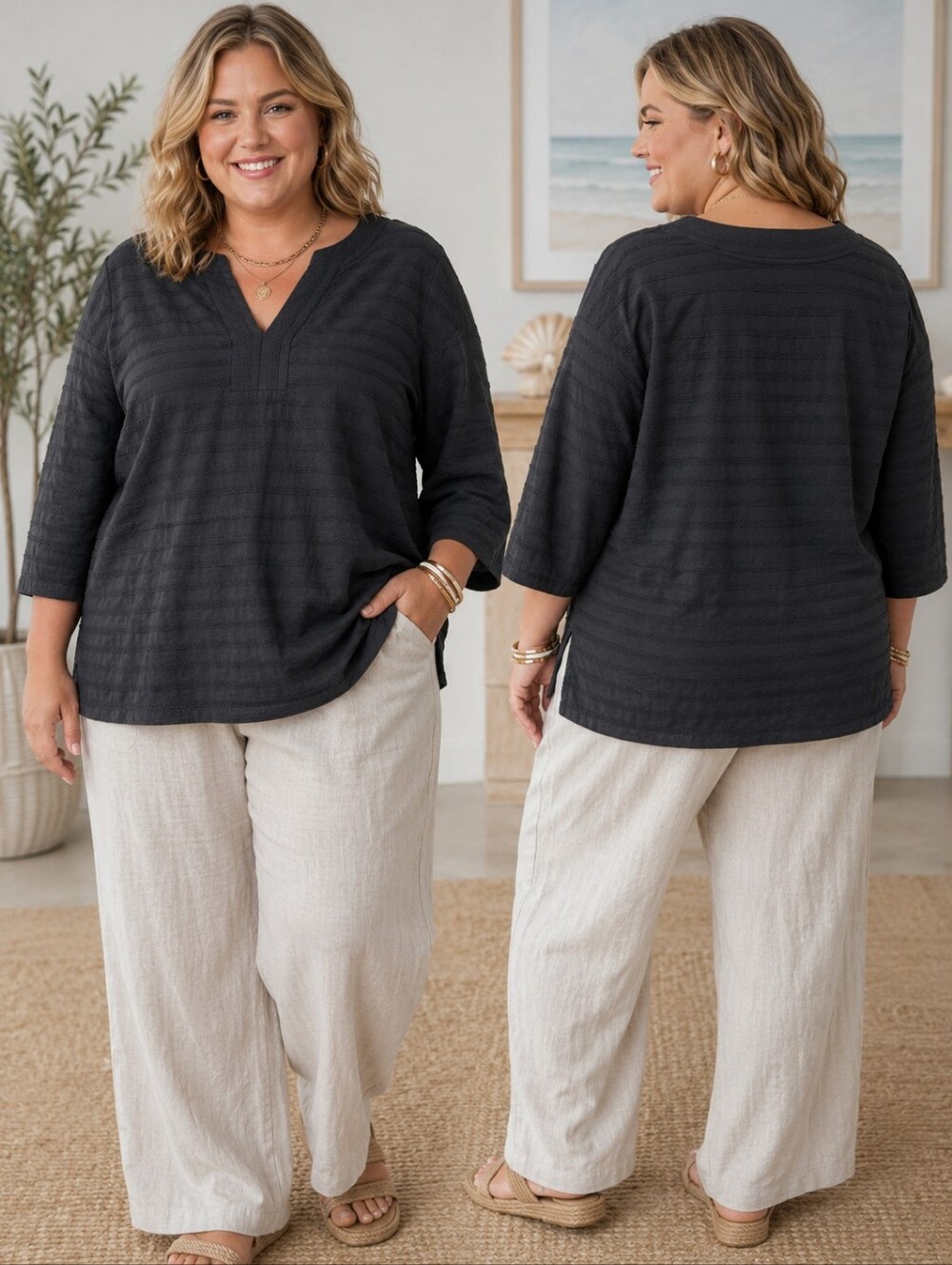 Lands' End Black Textured 100% Cotton V-Neck Tunic Top Plus Size 2X (20W-22W) Co